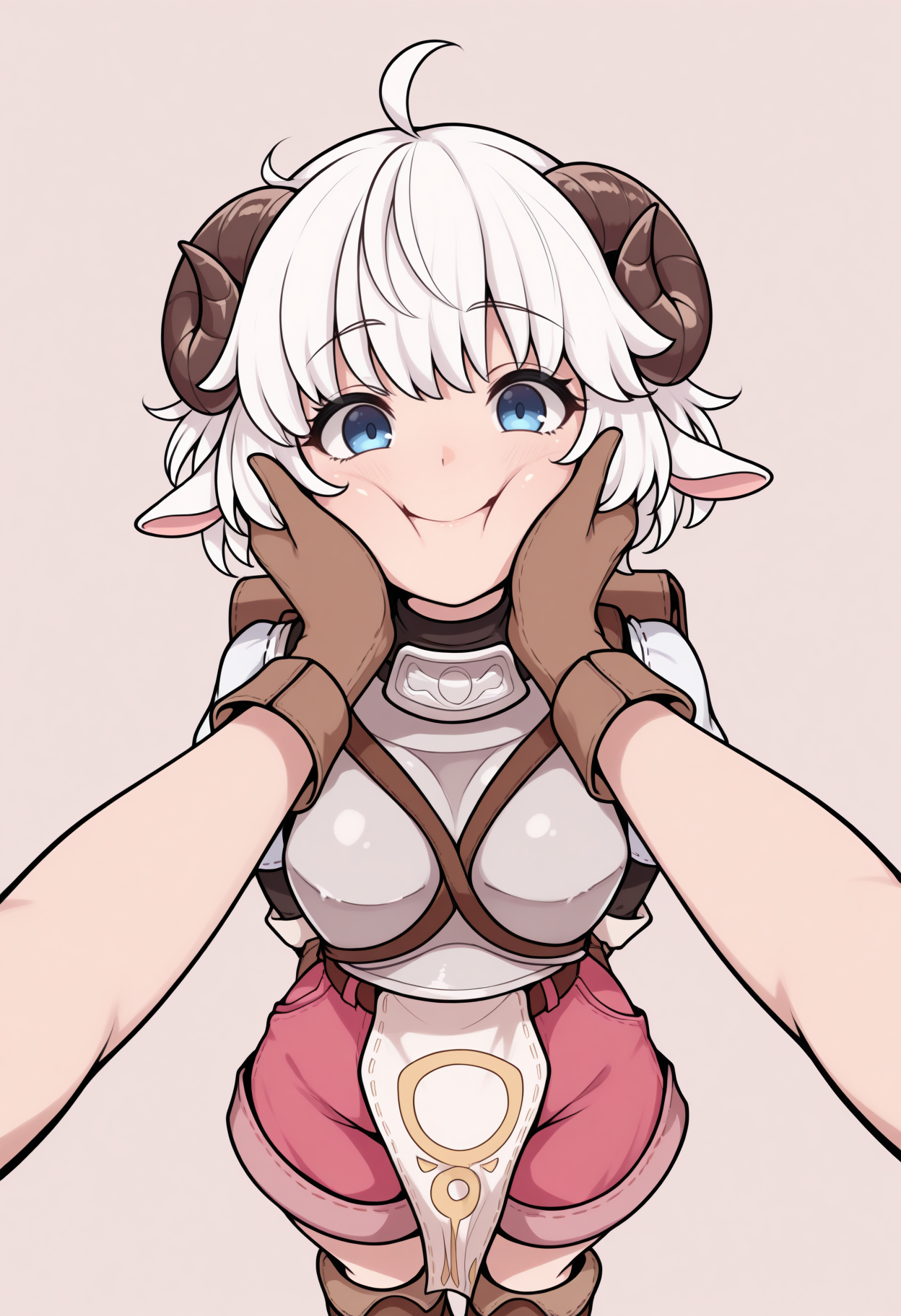 masterpiece, best quality, 1girl, solo, NoviceClothes, breastplate, brown belt, backpack, pink shorts, pelvic curtain, brown gloves, brown boots, lineart, blue eyes, white hair, short hair, ahoge, messy hair, sheep horns, sheep ears, pov hands, cheek squash, smile, looking at viewer, big smile, simple background, <lora:ChamFemaleNoviceClothesIllustriousXL:1>