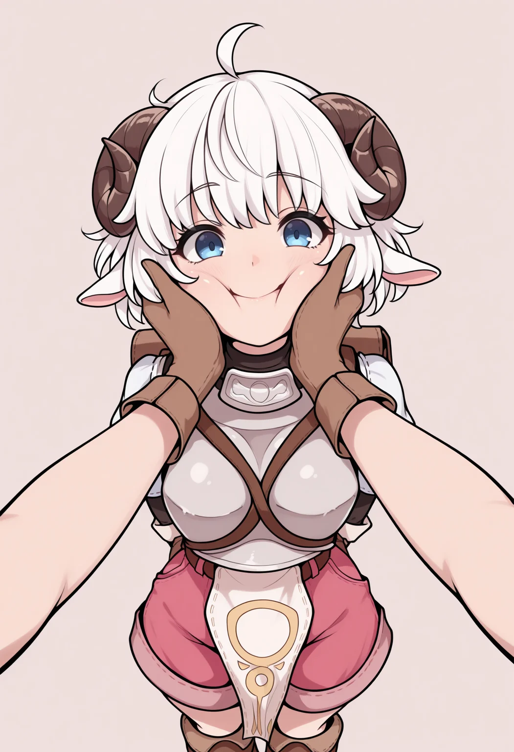 masterpiece, best quality, 1girl, solo, NoviceClothes, breastplate, brown belt, backpack, pink shorts, pelvic curtain, brown gloves, brown boots, lineart, blue eyes, white hair, short hair, ahoge, messy hair, sheep horns, sheep ears, pov hands, cheek squash, smile, looking at viewer, big smile, simple background, <lora:ChamFemaleNoviceClothesIllustriousXL:1>
