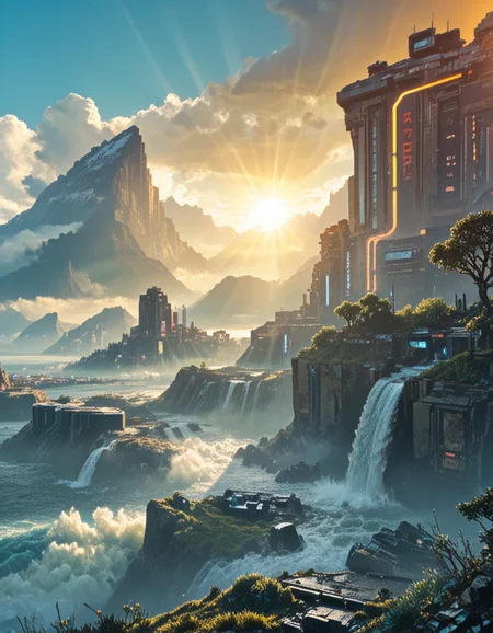 E09, sun shades though clouds, sunlight, golden rays, atmospheric, dramatic lighting, ethereal, soft gradients, tranquil, majestic, natural light, cloudscape, warm glow, <lora:CW04xl:1> distant futuristic cyberpunk city in daylight, traffic, T10, landscape, mountains, waves, rocks, tree, vegetation, moss, rough sea, waterfall, sunset, blue, orange, yellow, brown,