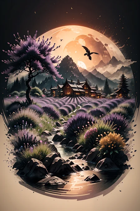 <lora:Calligraphy-ink-style-darquelilly-v1:1> calligraphyinkstyle, a lavender field with lupins, harmonic fusion, volumetric lighting, night time, moonlight, black background, <lora:dAIversity-LoRAtest-Photoreal-SD15-01:0.7>,, detail colour is purple, yellow zirkons <lora:Crystals:0.7> crystalz