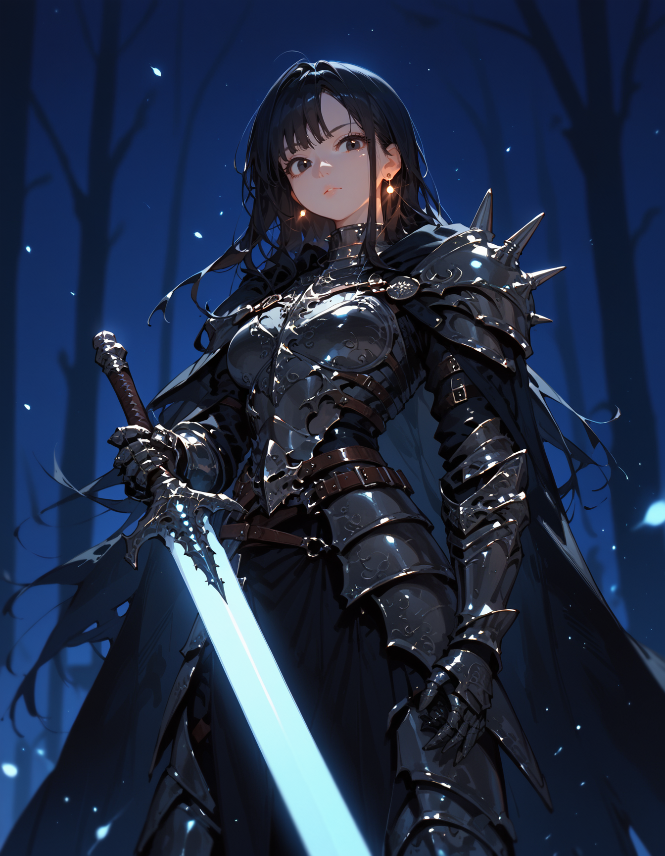 score_9, score_8_up, score_7_up,glowing style, 1girl, solo, black hair, looking at viewer, portrait, black eyes, long hair, black cape, spikes, knight, standing, greaves, outdoors, belt, facing viewer, (dark night) , full armor, gauntlets, holding glowing sword, earrings , <lora:glowing_style_XL_16E_GPmixV_V1.6:1>