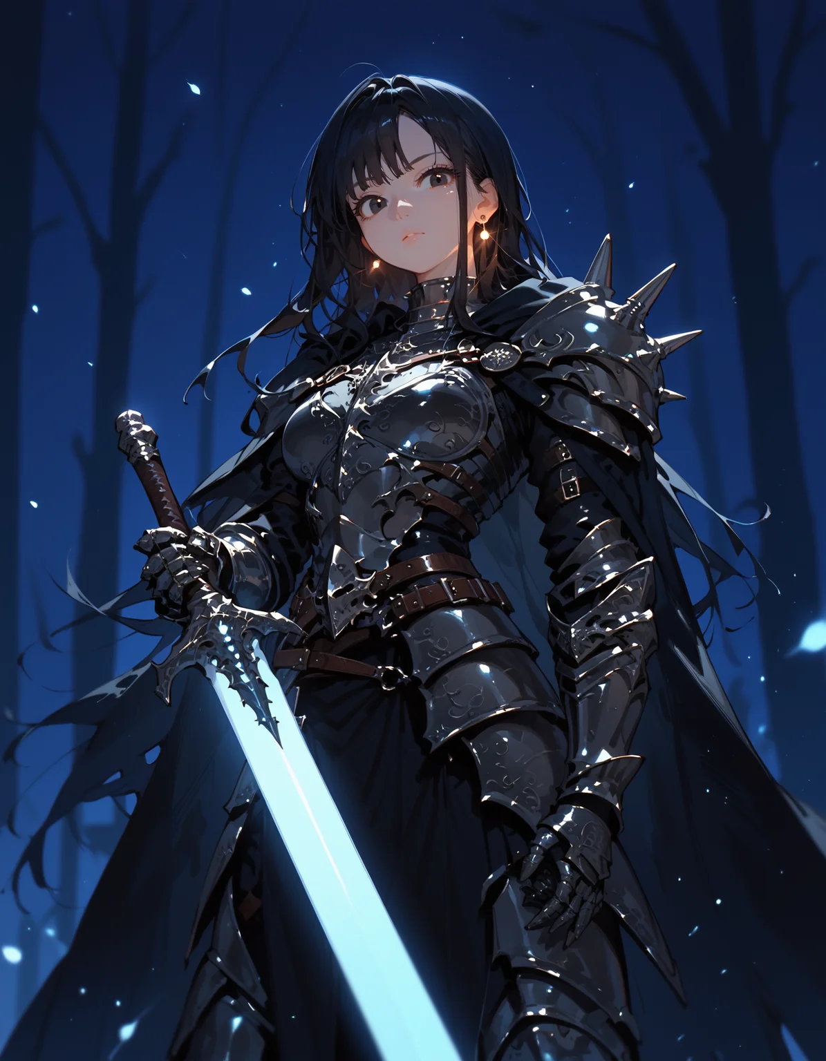score_9, score_8_up, score_7_up,glowing style, 1girl, solo, black hair, looking at viewer, portrait, black eyes, long hair, black cape, spikes, knight, standing, greaves, outdoors, belt, facing viewer, (dark night) , full armor, gauntlets, holding glowing sword, earrings , <lora:glowing_style_XL_16E_GPmixV_V1.6:1>