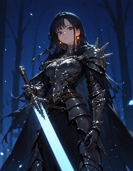 score_9, score_8_up, score_7_up,glowing style, 1girl, solo, black hair, looking at viewer, portrait, black eyes, long hair, black cape, spikes, knight, standing, greaves, outdoors, belt, facing viewer, (dark night) , full armor, gauntlets, holding glowing sword, earrings , <lora:glowing_style_XL_16E_GPmixV_V1.6:1>