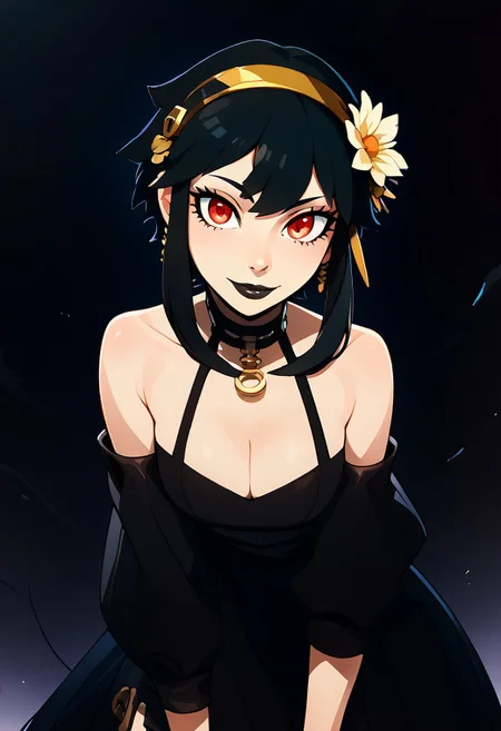 score_9, score_8_up, score_7_up, pretty girl, vivid bright colors, highly sexual poses, pinup art, solo, 
black lips, goth, fishnet, bare shoulders, leaning forward, cleavage, choker, full lips,   BREAK,  YorForger,1girl,black hair, red eyes, short hair with long locks, gold hairband, hair flower, black choker, black dress, sleeveless, off shoulder, floral print, fingerless gloves, black footwear, thigh holding dagger,   BREAK,   smile, looking at viewer, abstract background, thorns, dark theme, white outline, upper body,  embedding:zPDXL, Expressiveh