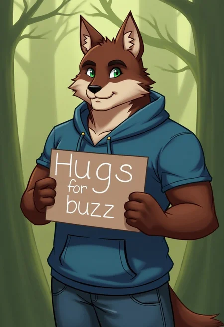score_9,score_8_up,score_7_up,score_6_up, anthro wolf, brown fur, green eyes, eyes looking towards viewer, muscular, smiling, forest, friendly look on face, blue hoodie, blue jeans, holding sign with text that says "Hugs for buzz"