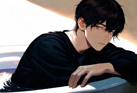 1boy, solo, dark hair, looking at viewer, light brown eyes, black shirt, toned body, lean back on the couch, upper body, turned to side, look away, masterpiece, best quality, very aesthetic, semi-realistic, underlighting, In a bathtub, sitting, leaning forward on the edge, resting one arm on the rim, {tired|contemplative} \(expression\) , wet hair, relaxed \(posture\), half body shot