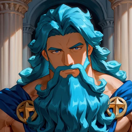 <lora:Poseidon__Olympus_Guardian:.6>,Poseidon, Long hair, blue hair, blue eyes, mustache, Long beard,
(very short hair, beard, bara, mature, facial hair, stubble, beard, full beard, sideburn, beard, a lot of beard, ), facial hair,male focus, muscular male, muscular male, bara, mature,  bara, mature, aixiwuganda_(20222192), very awa, masterpiece, best quality, absurdres, newest, perfect quality, detailed background, intricate details,
<lora:slider_Body Type_alpha1.0_rank4_noxattn_last:3><lora:style_Anime Summer Days 2 Style SDXL_LoRA_Pony Diffusion V6 XL:.6><lora:slider_cfg_scale_boost:.7><lora:face_Artist6p-10:.55>, Artist6p, Artist04p,<lora:slider_il_brightness_slider_d1:-1><lora:slider_il_contrast_slider_d1:-1><lora:slider_DarkSlider1.2_alpha1.0_rank16_full_300steps:-.6>