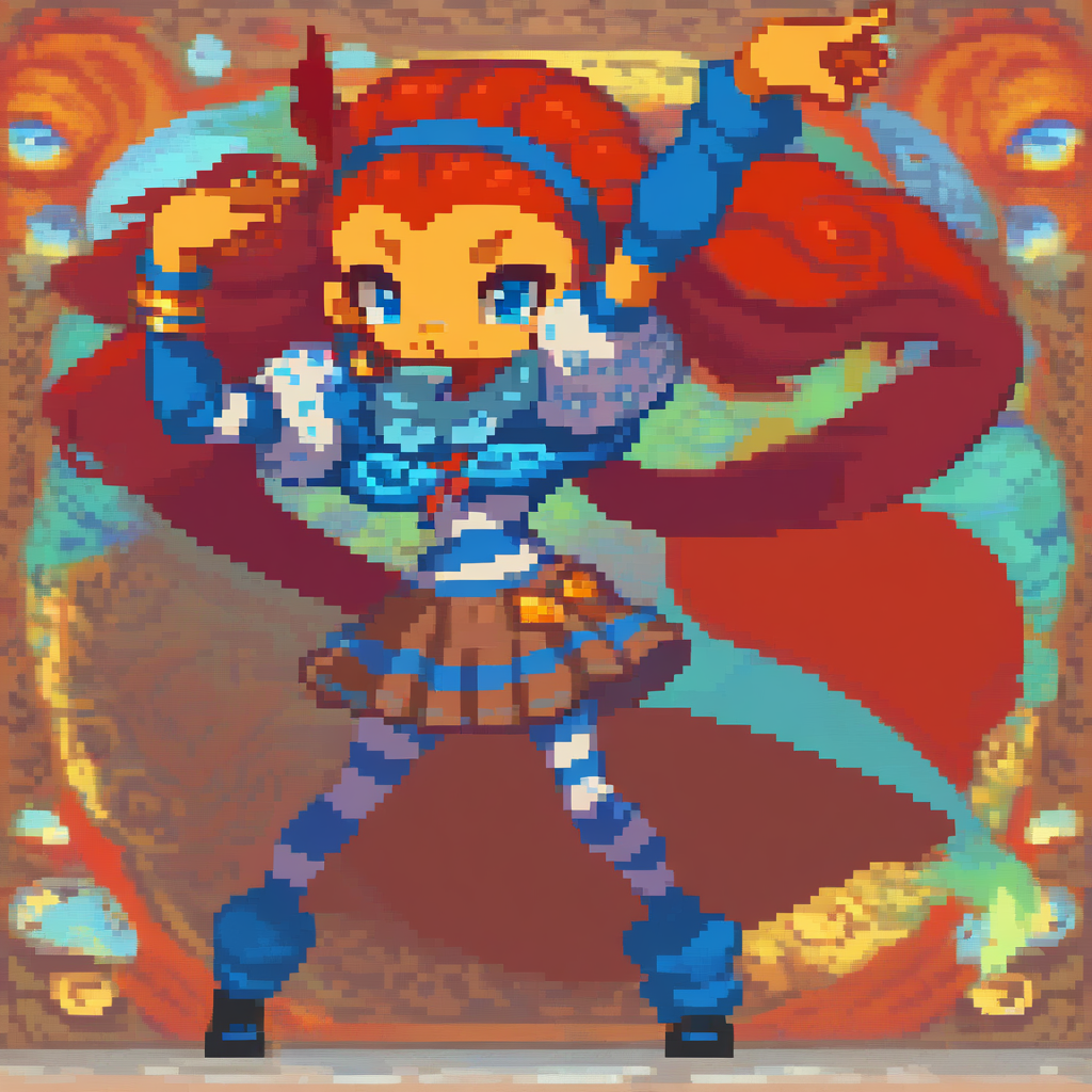 score_9, score_8_up, score_7_up, score_6_up, frazie aquato, 1girl, solo, colored skin, yellow skin, (yellow nose), blue eyes, eyeliner, hairband, dark red hair, twintails, single hair braid, long braid, blue scrunchie, feather accessory, earring, arm warmer, bracelets, blue poncho, swirl pattern, striped shirt, blue and white shirt, dotted sleeves, brown skirt, striped skirt, pantyhose, striped pantyhose, blue and white pantyhose, leg warmers, black footwear, looking at viewer, detailed background, (psychedelic background), (dynamic pose:1.1), acrobatic pose, flexible,   <lora:Frazie_Aquato_Psychonauts_2_-_PonyXL:0.6>  <lora:Sakuemon_PixelArt:1>