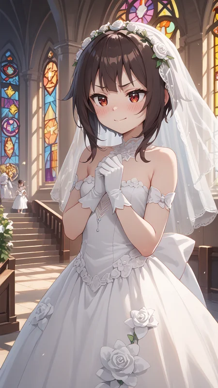 stained glass,  church,altar,  ,  <lora:Megumin_V2_Pony:0.8> Meguminn,:short_hair,1girl, sidelocks, brown_hair, red_eyes, small_breasts , blush, smirk<lora:Bridal_Dress_Pony:0.8> wedding dress embarrassed,, bridal veil, , flower, , gloves,, score_9, score_8_up,score_7_up,score_6_up,