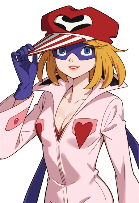 1girl, solo, yatterman2, pink jumpsuit, hat, blonde hair, blue eyes, mask, gloves, parted lips, smile, looking at viewer, cleavage, medium breasts, white background, score_9, score_8_up, score_7_up, score_6_up, score_5_up, score_4_up, best quality, masterpiece, source_anime, <lora:Ai_Kaminari__Ai-chan__Yatterman-2_Yatterman__YattÄman_19771979:1>