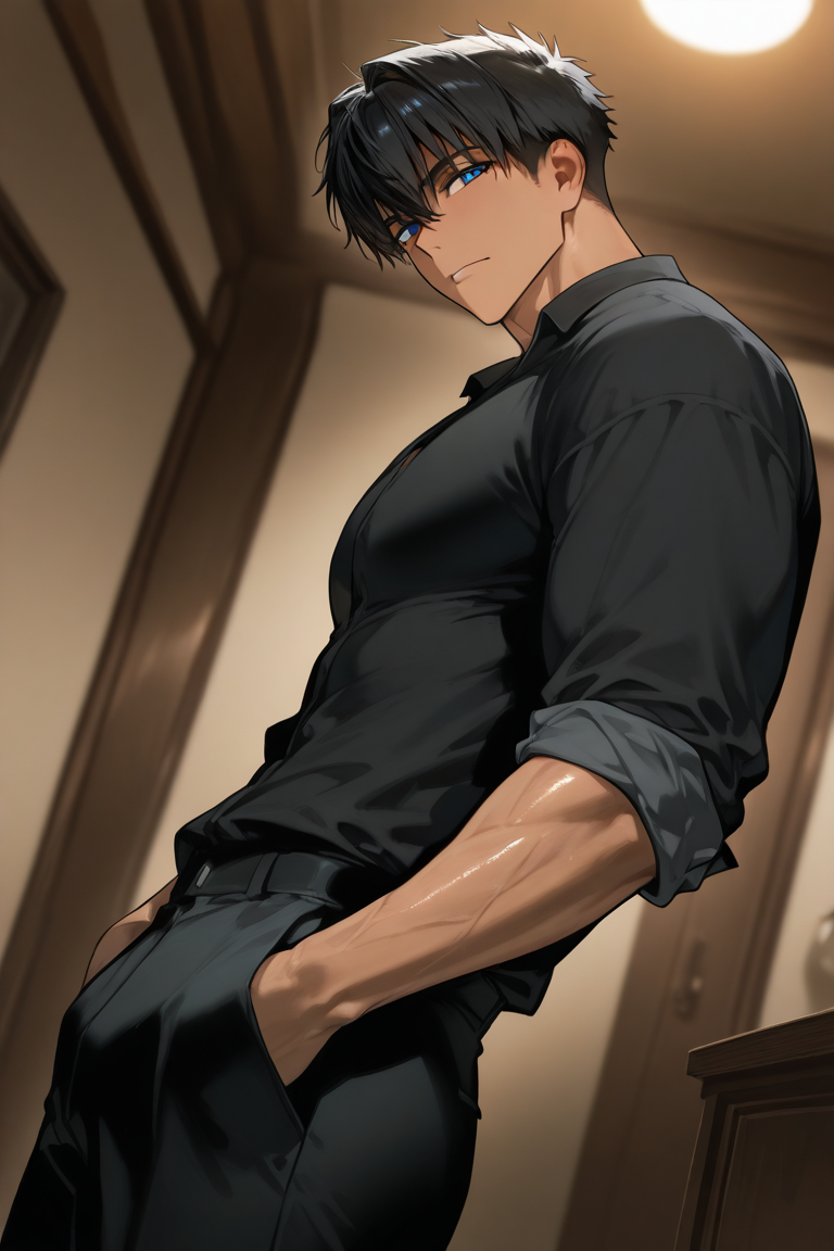 expressive cute face, 1boy, NorraVon, black hair, blue eyes, tan skin, muscular, looking at viewer, shiny skin, hands in pocket, black shirt, rolled up sleeves, black pants, indoors, shadow, dynamic angle, dynamic action, from side, atmospheric perspective, intricately detailed, depth of field, masterpiece, best quality, amazing quality, very aesthetic, absurdres, newest, very awa