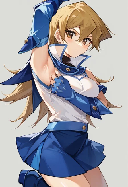 Masterpiece, Highest Quality, Ultra Detailed, High Resolution, Score_9, Score_8_up, Score_7_up, source_anime. anime style. masterpiece, highres, absurdres. Best resolution. Good anatomy.
alexgx
blonde hair
long hair
hair between eyes
brown eyes
sleeveless jacket
turtleneck
fingerless gloves
belt
miniskirt
blue skirt
blue footwear
Hash
(1girl, solo. pulling clothes to show armpits. grab clothes)