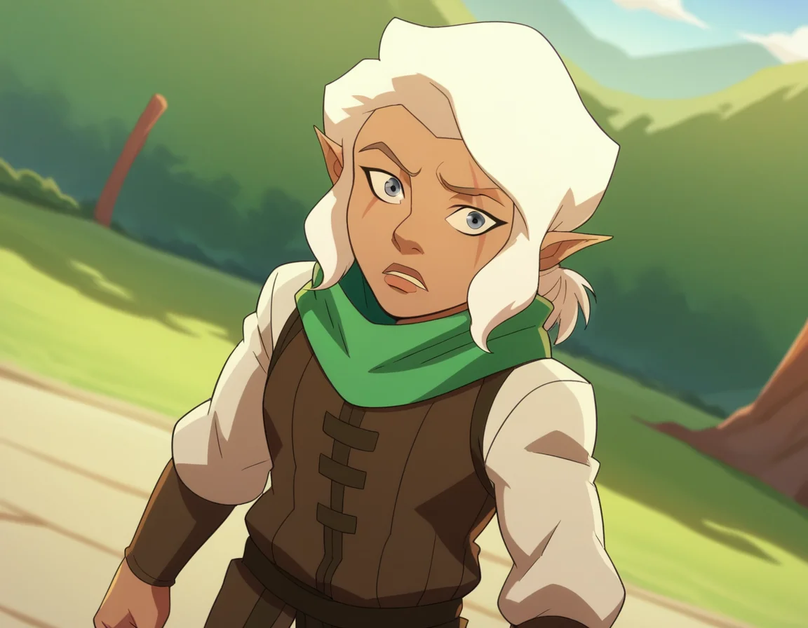 score_9, score_8_up, score_7_up, source_anime,
piketrickfoot, <lora:pike-trickfoot-ponyxl-lora-nochekaiser:1>,
pike trickfoot, white hair, pointy ears, dark skin, grey eyes, scar, scar on face, scar across eye,
scarf, green scarf, boots, pants, white pants,
outdoors,
looking at viewer, dutch angle, cowboy shot,