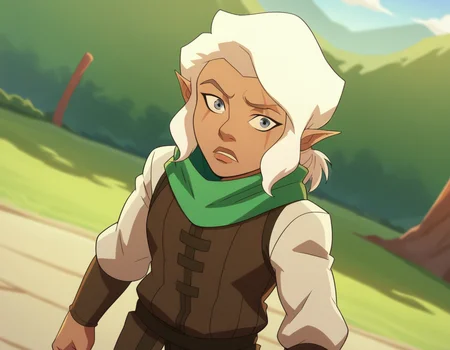 score_9, score_8_up, score_7_up, source_anime,
piketrickfoot, <lora:pike-trickfoot-ponyxl-lora-nochekaiser:1>,
pike trickfoot, white hair, pointy ears, dark skin, grey eyes, scar, scar on face, scar across eye,
scarf, green scarf, boots, pants, white pants,
outdoors,
looking at viewer, dutch angle, cowboy shot,