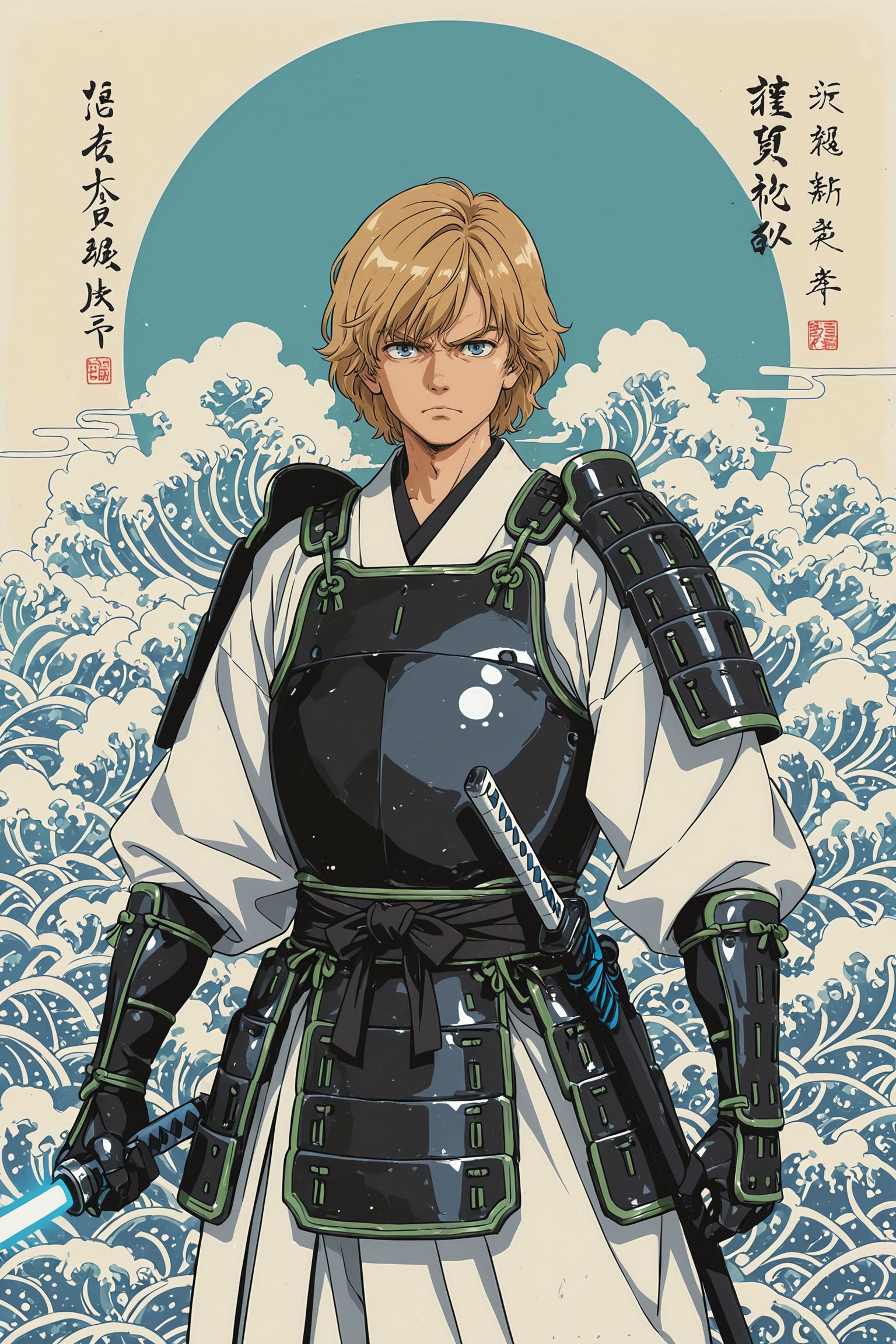 masterpiece, best quality, (anime coloring), (minimalism:0.8), ukiyo-e, high detail, 
1boy, luke skywalker, blonde hair, blue eyes, samurai, samurai armor, white kimono, green trim, armored sleeves, layered armor, chest armor, shoulder armor, armored gloves, waist belt, blue lightsaber, holding weapon, standing, serious expression, power pose, blue circle background, stylized clouds, stylized waves, minimalist background, vintage aesthetic, parchment, archaic japanese text,  <lora:add-detail-xl:1>