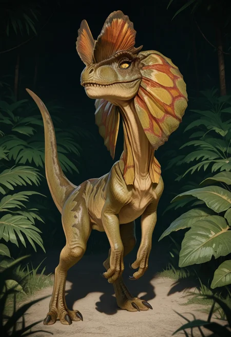 1girl, highres, absurdres, newest, masterpiece, best quality, furry, small tail, claws,
dilophosaurus, green skin, yellow eyes, 3 fingers, 3 toes, double crest on the head, (folded frill at neck), detailed eyes, professional lighting, solo, smug, looking_at_viewer, masterpiece, jungle