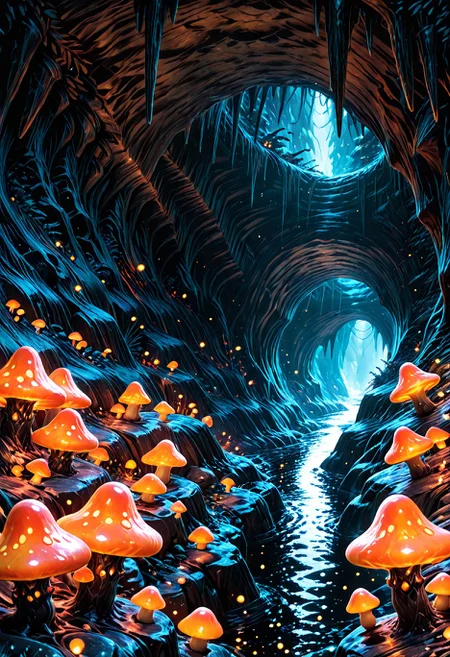 SmoothNoob_Quality, no humans, cave interior, cave, fantasy, light particles, fireflies, river, glowing mushrooms, stalactites, <lora:Smooth_Booster:0.5> <lora:SLE_v2:0.5>