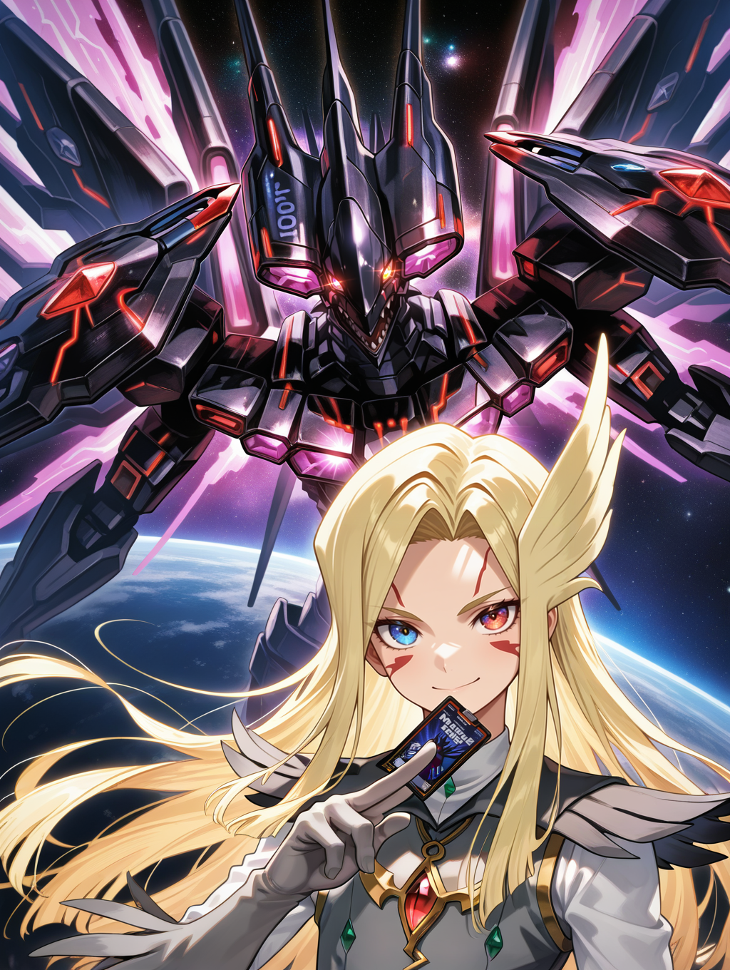 1boy,1other,space,
BREAK glowing eyes,black mecha dragon,galaxy-eyes tachyon dragon,sharp teeth,
BREAK mizael,card,holding card,1boy,male focus,facial tattoo,heterochromia,smile,grey gloves,grey vest,looking at viewer,
masterpiece,best quality,amazing quality,very aesthetic,absurdres,newest,<lora:Galaxy-Eyes Tachyon Dragon illuXL v1:0.75>,