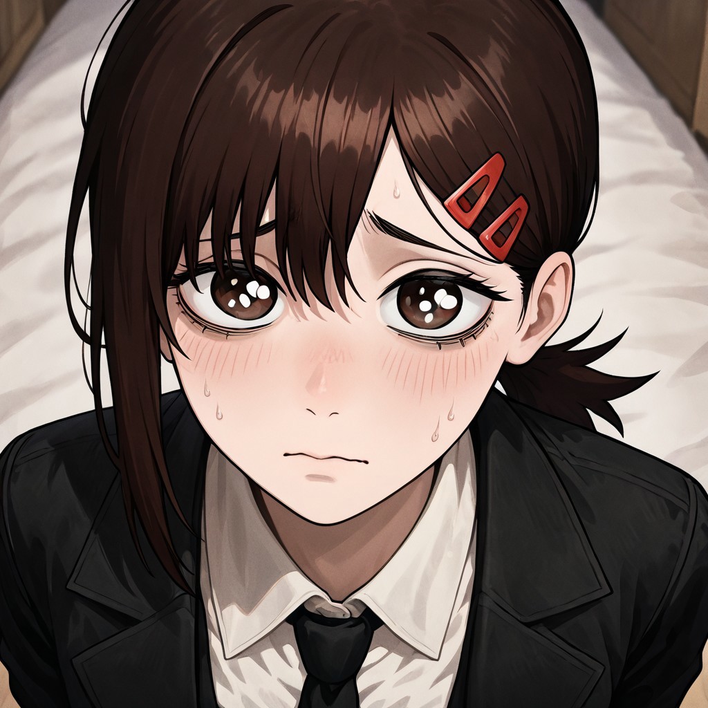 masterpiece, best quality, newest, absurdres, highres, P/PEV1.0, pleading eyes, 1girl, higashiyama kobeni \(chainsaw_man\), brown hair, collared shirt, black necktie, black jacket,