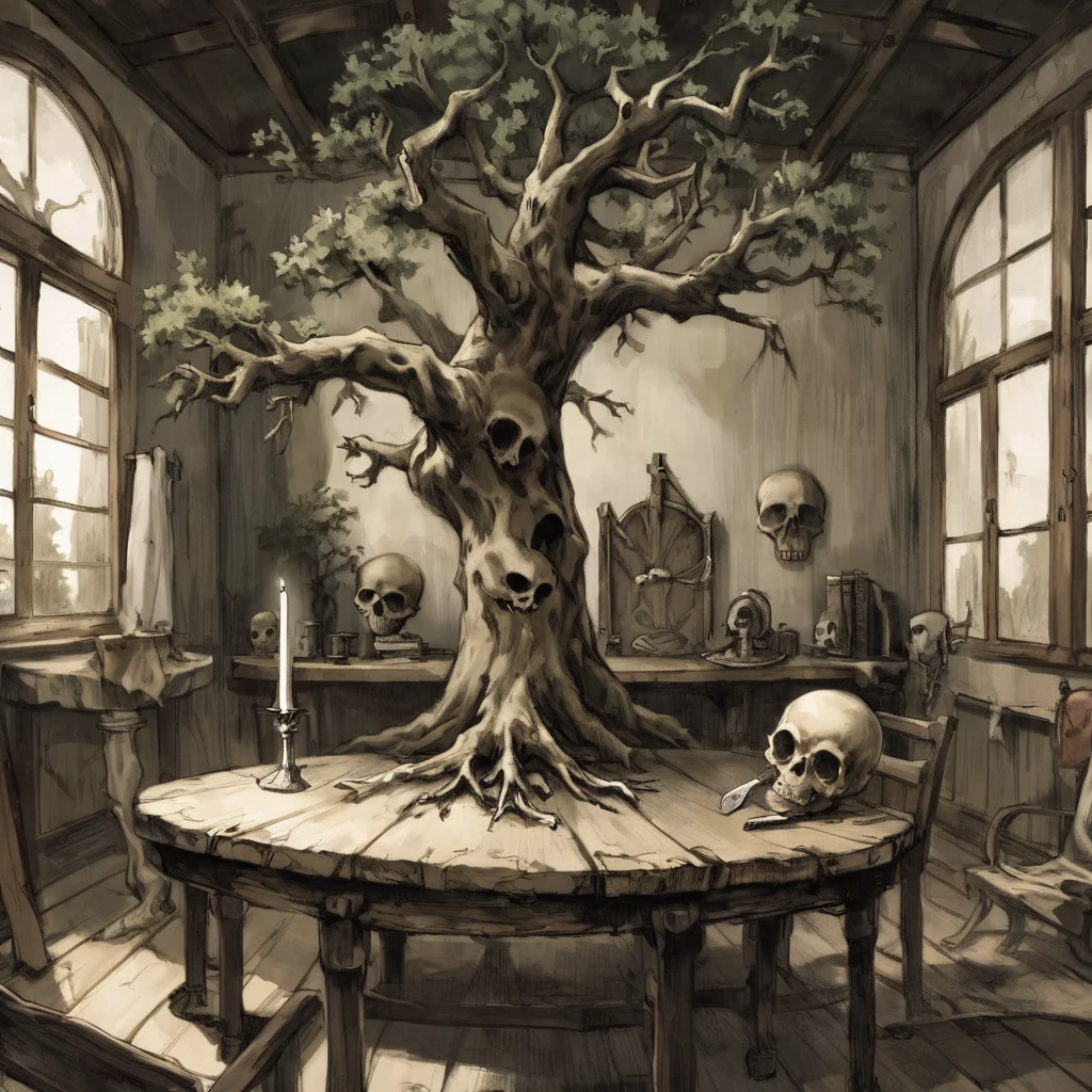 dagger,room,indoors,skull,tree,no humans,table,<lora:ABeLoRaXL-000007:0.9>