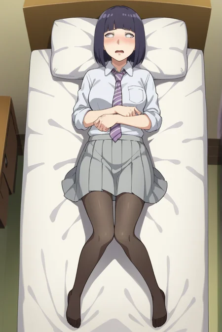 score_9, score_8_up, score_7_up, score_6_up, score_5_up, score_4_up, BREAK source_anime, 1girl, solo,
<lora:HinataBorutoXL-v1-07:0.7>, ChopioHinataBoruto, medium hair, purple hair, shiny hair, bob cut, blunt bangs, no pupils, white eyes, looking at viewer,
medium breasts, mature female,
collared shirt, striped necktie, sleeves rolled up, grey skirt, pleated skirt, full body,  pantyhose, 
bedroom, bed, bed sheet, pillow, on bed, on back, from above, embarrassed, shy, open mouth, (blush:1.1),
