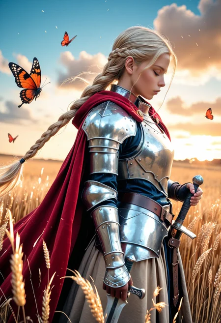 SmoothNoob_Quality, photorealistic, visible brushwork, strong linework,1girl, knight, very long blonde hair, thick braid, dynamic angle, profile, somber expression, looks down, closed eyes, wears worn metallic plate armor, long red cape, dramatic cape, covered mouth, pauldrons, breastplate, arm guards, red butterflies flying around, hands on the hilt, large sword, long sword, long wheats, wheat field, wind blowing, vibrant solid blue background, sunset, brushstroke effects, fragments floating, <lora:Smooth_Booster_v3:0.7>