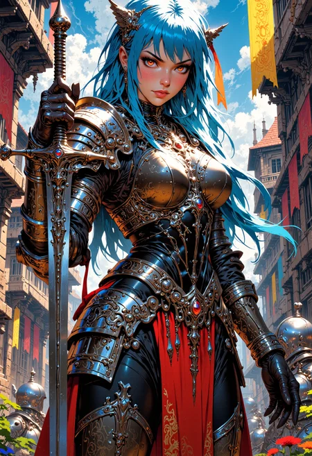 Image is a close up digital fantasy artwork featuring a female knight character practicing with her sword. She has pale skin with bright blue hair with light highlights. Her red eyes and a flaming aura in them. She's wearing an intricately designed fantasy corset armor with matching gloves and thigh high boots. Her hands is a large greatsword. The background is of a stone barracks, fantasy castle, armored knights, colorful flags, colorful trees.