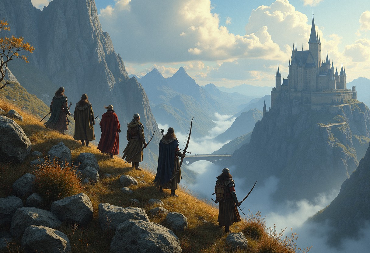 Beautiful lord of the ring landscape, a party band of 2 warriors, 1 archer, 1 mage, 1 darf, walking on a line on a mountains edge, a dark fortress at a distance, masterpiece, high quality, highly detailed, highly intricate, colored, artistic concept art