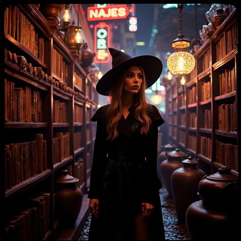 futuristic style neon noir surrealist art analog photography, analog photo, a bewitching beauty stands amidst shelves of ancient tomes and mystical artifacts, donning a striking modern witch's costume. Amidst the magical library studio, she poses effortlessly, surrounded by worn grimoires, bubbling cauldrons, and an assortment of alchemy bottles and crafting witch tools. Soft candlelight casts a warm glow on her enchanting features as she gazes out, lost in thought among the mystical relics. Shot by Kodak Brownie.  <lora:Riley_Voelkel:1> rileyv . dreamlike, mysterious, provocative, symbolic, intricate, detailed . cyberpunk, dark, rainy streets, neon signs, high contrast, low light, vibrant, highly detailed . sleek, modern, ultramodern, high tech, detailed