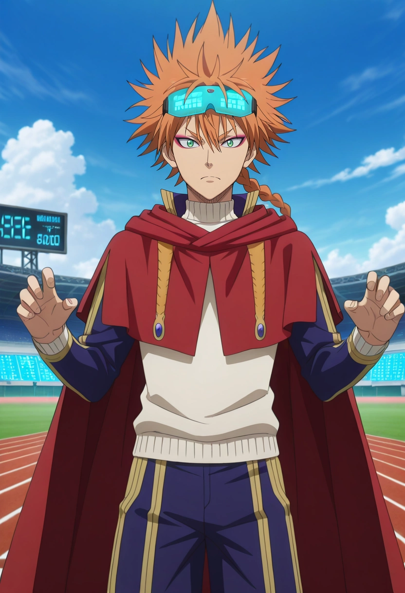 masterpiece, best quality, , anime screencap, , official style, looking at viewer, 1boy, solo, male focus, <lora:leopold_vermillion_ilxl:0.98>, leopold_vermillion, orange hair, green eyes, spiked hair, long hair, braid, single braid, makeup, eyeshadow, eyeliner, cape, sports field, freshly painted lines, cheering fans, glowing scoreboard, playing pose, determined expression, vibrant energy, Tailored shorts, Crew neck sweater, , , Safety Glasses andCape and