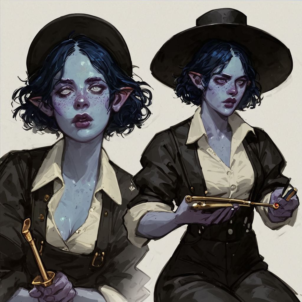 score_9, score_8_up, 8, score_7_up, score_6_up, solo,  female, water genasi, pointed ears, blue skin, cobalt eyes, shaggy bob haircut, dark blue hair, purple freckles, full lips, small bust, white button up shirt, sleeves rolled up, suspenders, tight black pants, black dress boots, fully unbuttoned shirt, loose necktie, wide brim black fedora, sitting on the steps of a brothel, holding a pipe, smoke flowing from the pipe, content look on her face, medieval, fantasy