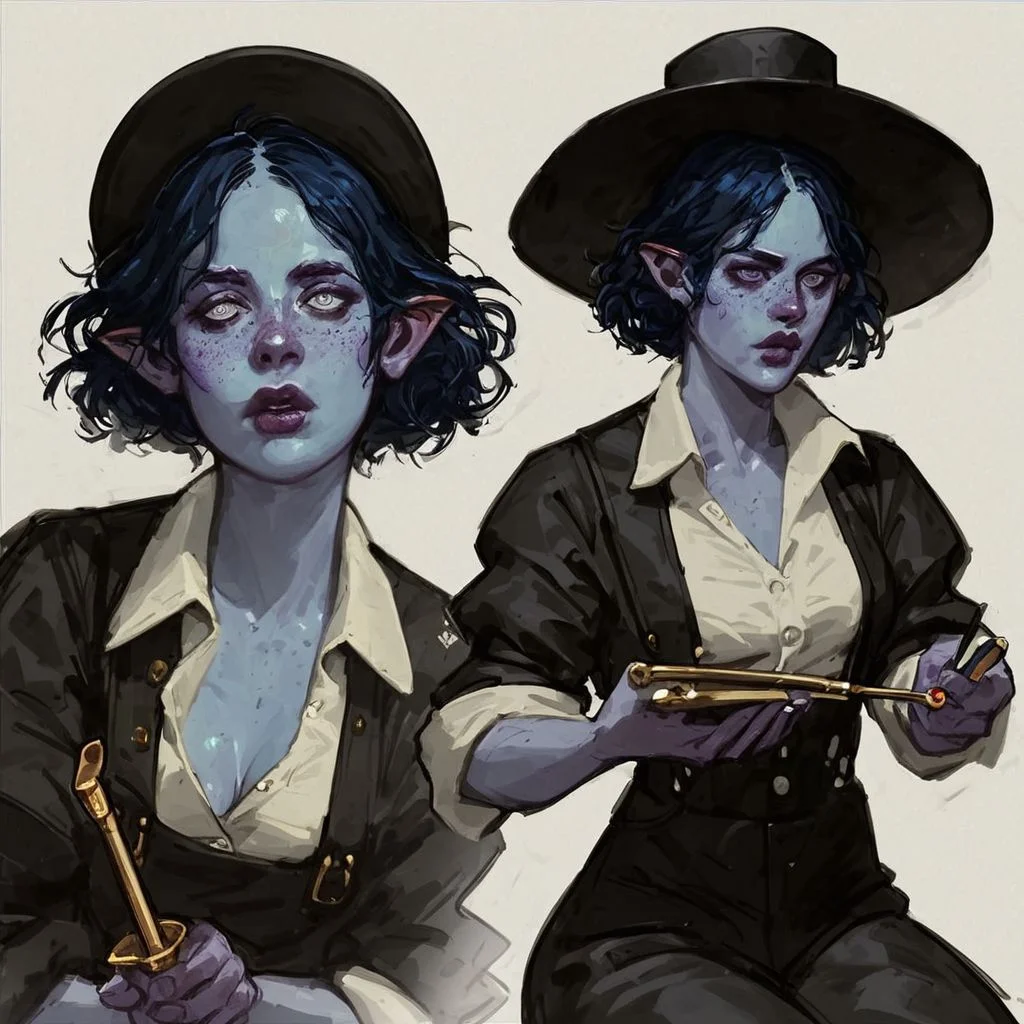 score_9, score_8_up, 8, score_7_up, score_6_up, solo, female, water genasi, pointed ears, blue skin, cobalt eyes, shaggy bob haircut, dark blue hair, purple freckles, full lips, small bust, white button up shirt, sleeves rolled up, suspenders, tight black pants, black dress boots, fully unbuttoned shirt, loose necktie, wide brim black fedora, sitting on the steps of a brothel, holding a pipe, smoke flowing from the pipe, content look on her face, medieval, fantasy