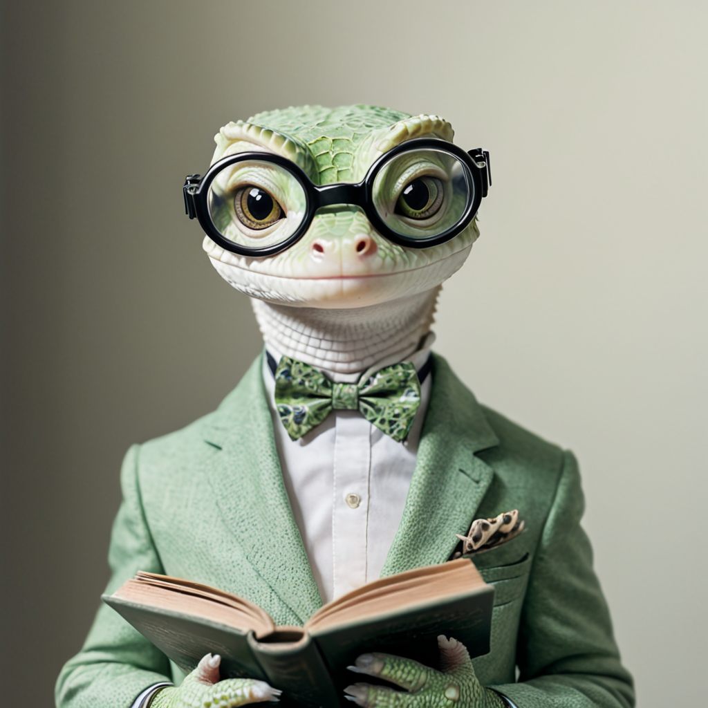 <lora:AnthropomorphicSDXL:1> Anthropomorphic, cinematic setting, The image shows a gecko wearing a suit and bow tie reading a book. The gecko has a friendly expression on its face and its eyes are focused on the book in its hands. Its fur is a light green color and it has a small round head., book, solo, goggles, realistic, bow, bowtie, holding book, open book, gloves, holding