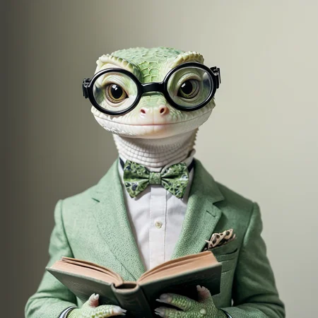 <lora:AnthropomorphicSDXL:1> Anthropomorphic, cinematic setting, The image shows a gecko wearing a suit and bow tie reading a book. The gecko has a friendly expression on its face and its eyes are focused on the book in its hands. Its fur is a light green color and it has a small round head., book, solo, goggles, realistic, bow, bowtie, holding book, open book, gloves, holding