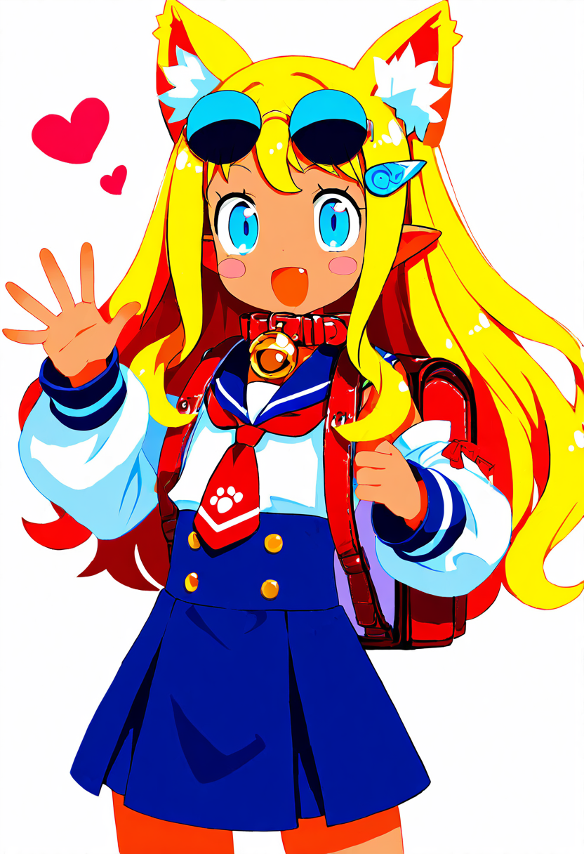 masterpiece, best quality, 1girl, solo, eyelashes, (beautiful eyes),   Pirilika, 1girl, solo, long hair, looking at viewer, bangs, blue eyes, skirt, blonde hair, shirt, hair ornament, animal ears, detached sleeves, necktie, pointy ears, hairclip, fang, cat ears, dark skin, sailor collar, bag, collar, dark-skinned female, blue skirt, animal ear fluff, bell, blush stickers, sunglasses, backpack, red necktie, jingle bell, eyewear on head, extra ears, neck bell, high-waist skirt, red collar smile, cowboy shot, :d, waving, heart, smile, looking at viewer, ,  ,<lora:HaradaTakehito_NAI:1.0>,