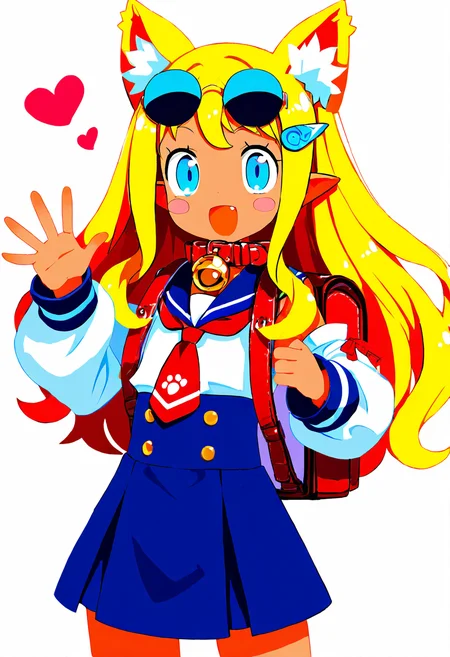 masterpiece, best quality, 1girl, solo, eyelashes, (beautiful eyes),   Pirilika, 1girl, solo, long hair, looking at viewer, bangs, blue eyes, skirt, blonde hair, shirt, hair ornament, animal ears, detached sleeves, necktie, pointy ears, hairclip, fang, cat ears, dark skin, sailor collar, bag, collar, dark-skinned female, blue skirt, animal ear fluff, bell, blush stickers, sunglasses, backpack, red necktie, jingle bell, eyewear on head, extra ears, neck bell, high-waist skirt, red collar smile, cowboy shot, :d, waving, heart, smile, looking at viewer, ,  ,<lora:HaradaTakehito_NAI:1.0>,