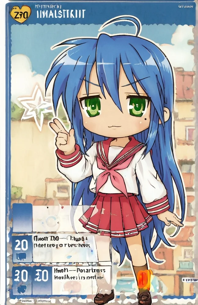 score_9, score_8_up, score_7_up, <lora:Maplestory_iTCG:1> maplestory_itcg, (card (medium)),full body, chibi, solo, 1girl, solo, english text, (blue border:1), straight border, <lora:konata:0.9> Konata Izumi, 1girl, solo, long hair, ahoge, green eyes, mole, serafuku, red skirt, red sailor collar, shoes, brown tighhighs