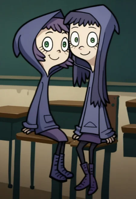 score_9, score_8_up, score_7_up, score_6_up, score_5_up, score_4_up, 2 girls in image, sitting on desks, smiling, looking at viewer, arms around each other, friends, 
BREAK, 
1 girl, square head, green eyes, squinch, round eyes, long hair, dark blue hair, dark blue dress sweater, black leggings, small black boots, 
BREAK
1 girl, short hair, purple hair, long eyelashes, purple hoodie, purple skirt, purple shoes, , hood up