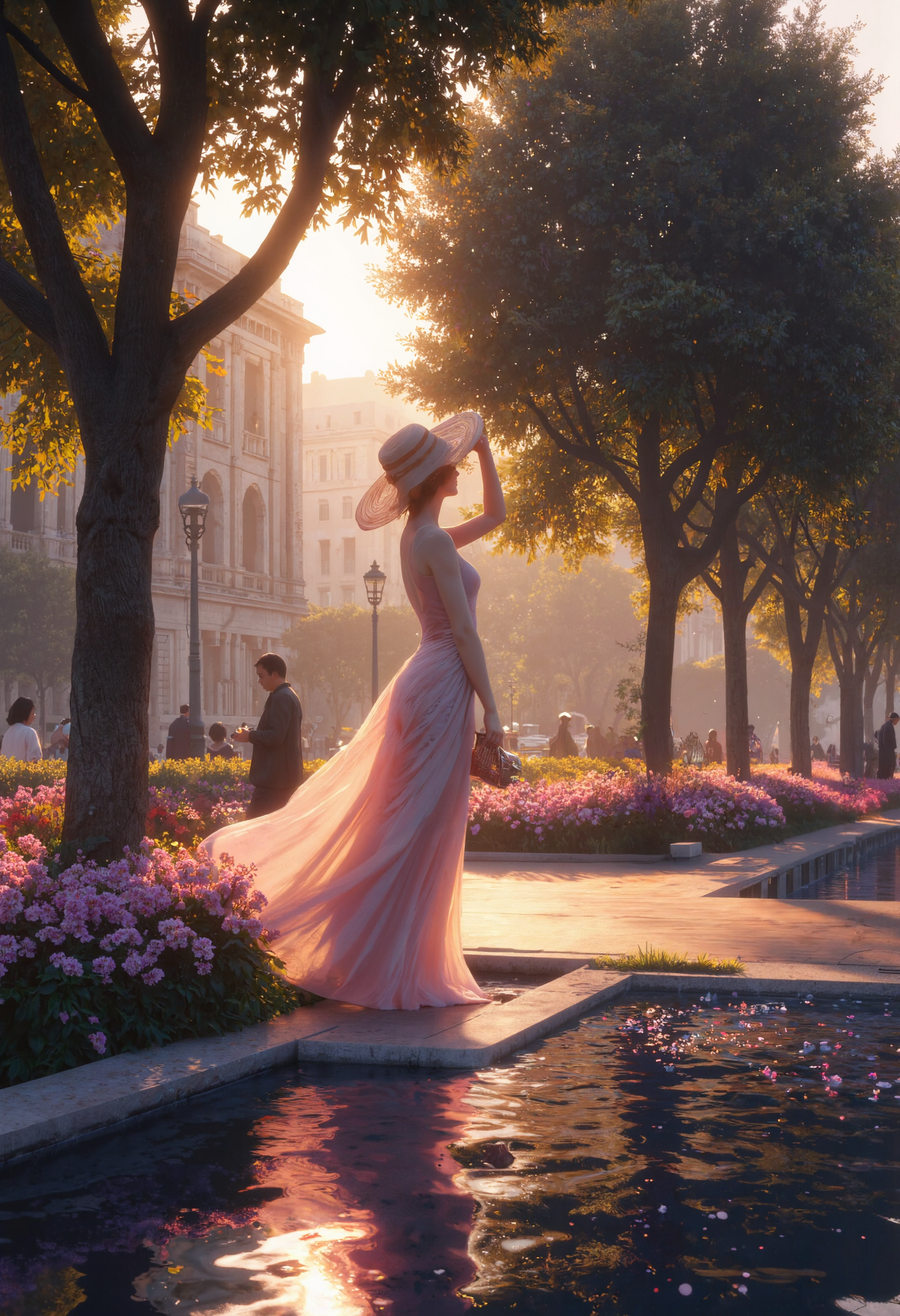 p0st_1mp4ct style, xuer guangying, The scene captures a golden afternoon in a picturesque Parisian park, where figures seem to shimmer and dissolve into swirling colors' hints of motion captured in fleeting moments, just as an Impressionist master would paint. At the heart of the image, a woman in a flowing pastel dress and a wide-brimmed hat stands near a tranquil pond, her form subtly blending with the luminous dabs of color around her. The water reflects the sky in rippling blues, purples, and warm oranges, with each brushstroke conveying movement and emotion rather than rigid detail. Elegant figures stroll along flower-lined paths, their faces softened into glowing halos of golden light, engaged in hushed conversations or enjoying a peaceful moment beneath the shade of grand, leafy trees <lora:Evangelion_Post-impact_Apocalyptic_Style_Flux.1_D_by_AutoPastel-000019:0.30> <lora:xuer_think_painting_guangying:0.65> <lora:FLUX-Vintage_Abstract_Film:0.26> <lora:AGirl_type3_F1:0.43> <lora:Hand v2:0.83>