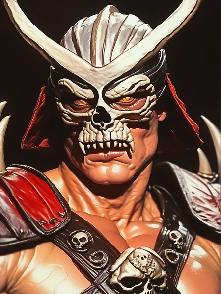 score_9, score_8_up, score_7_up, complex background, dark demonic fortress inerior, extremely detailed, intricate details, <lora:Shao_Kahn_Pony_V1:1> shaokahnponyv1, solo, close up portrait, (manly, hulking muscular man), shaomkii, yellow eyes, colored sclera, vertical pupils, horned helmet, skull mask, (muscular male), pectorals, muscular, bare pectorals, chest harnes, spiked shoulder armor, <lora:80sFantasyMovieV3Pony:1> ArsMovieStill, 80s Fantasy Movie Still, movie, dark, 80s, realistic,