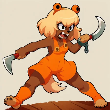 score_9, score_8_up, WakfuMMOArt, medium shot, cartoony, 2d, highres, 1girl, solo, chain, ouginak, lilotte, black eyes, orange overalls, blonde hair, dog girl, brown fur, furry, furry female, canine, animal nose, dog ears, dog tail, dark-skinned female, dark skin, open mouth, weapon, navel, fangs, sickle, skull accesories, short hair, barefoot, bones, breasts, holding, toeless legwear, angry, simple background,