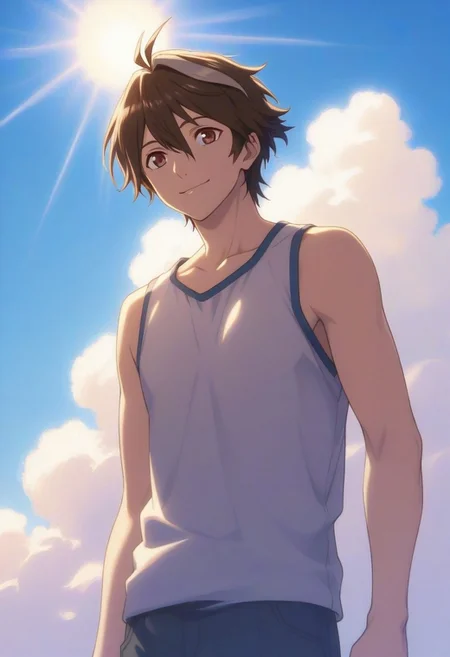 High quality, HD Illustration, very clear, 1male, solo male only, one male character only, anime, male focus, Shu Ouma, brown hair, skunk stripe hair, brown-red eyes, sleeveless shirt, summer, outside, blue sky, white clouds, sun shining, cowboy shot, smile, front view