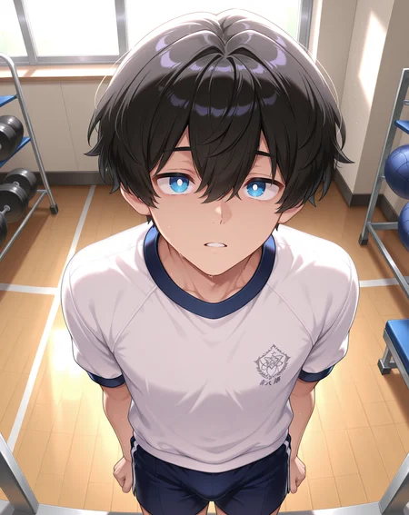 masterpiece,best quality,amazing quality, newest, very aesthetic, absurdres,
1boy, solo, yaoi, male focus, looking at viewer, cowboy shot, standing,
<lora:Noah_Morpheus_ilxl:1> noahmo, black hair, hair between eyes, blue eyes, white pupils,
gym uniform, gym shorts, gym shirt,
indoors, gym, <lora:StS_Age_Slider_Illustrious_v1:1.5>