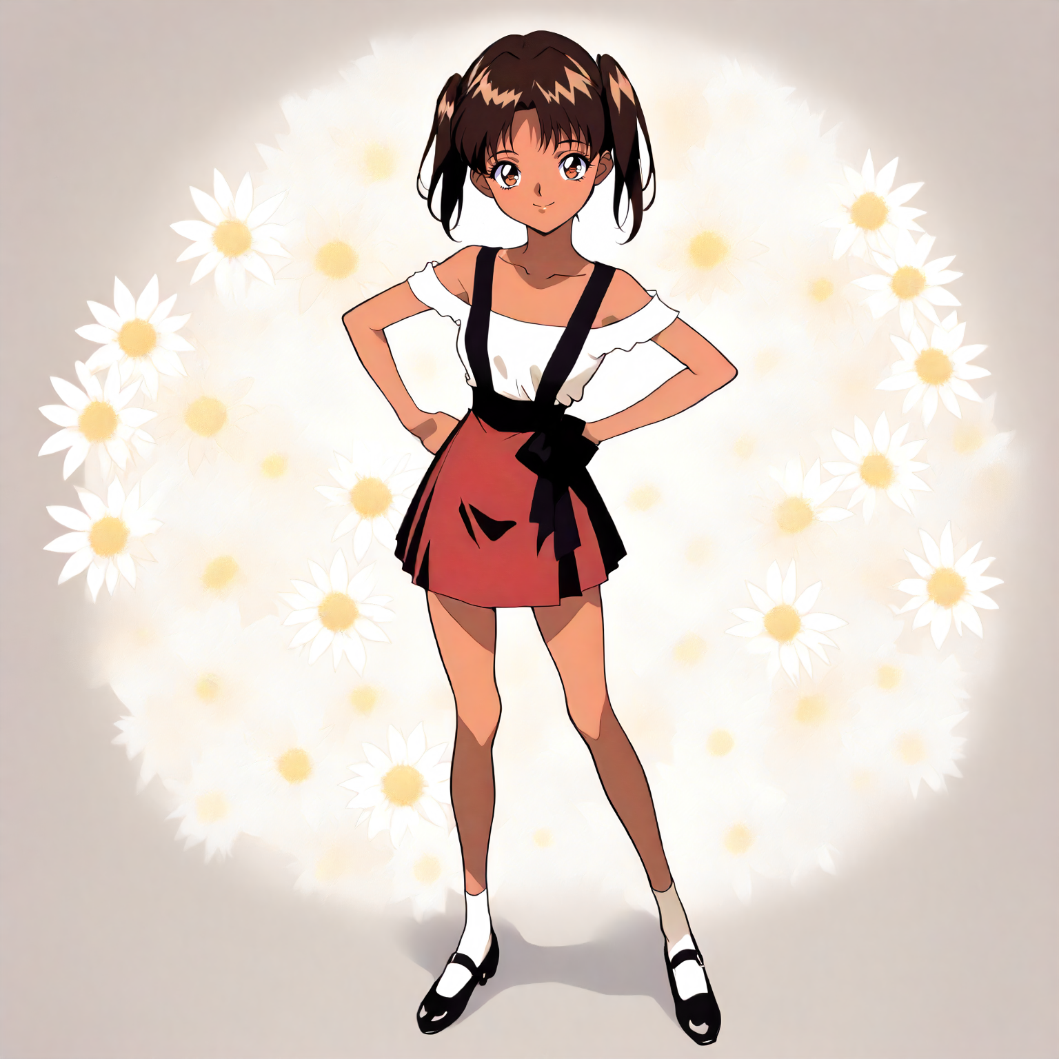 <lora:KnI_kawarazaki_reiXLanimagine001>,
masterpiece,high score,great score,absurdres,
flower background,glitter,
smile,
looking at viewer,
solo,
anime coloring,retro artstyle,
kawarazaki_rei\(kawarazakike_no_ichizoku\),1girl,brown hair,twintails,brown eyes,tan,
off-shoulder sleeveless shirt,
waist ribbon,suspender_skirt,
socks,mary janes,
full body,
standing,