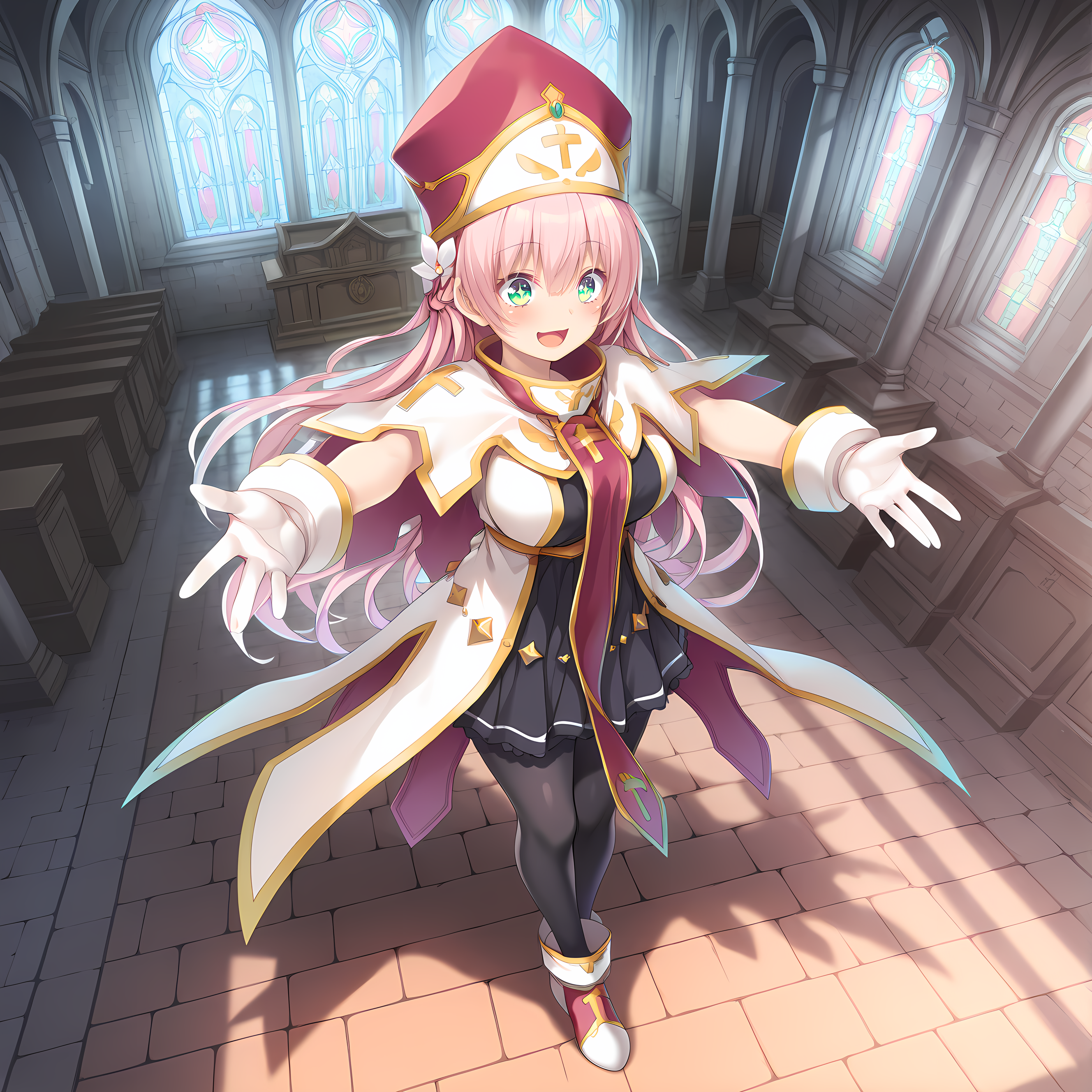 <lora:Terese_Elminaãã¬ãµã¨ã«ããã¢_-_Escude_-_Hime_to_Aiyoku_no_Sacrifice:0.8>,solo,terese,pink hair,long hair,braid,green eyes,hair between eyes,bangs,hair flower,large breasts,base outfit,white gloves,mitre,pantyhose,indoors,cathedral,dappled sunlight,moonlight,full moon,glass ceiling,stained glass,shrine,sparkling aura,standing,full body,from above,outstretched arms,smile,open mouth,sparkling eyes,, masterpiece,best quality,amazing quality, very aesthetic, absurdres,detailed eyes,ultra-detailed,