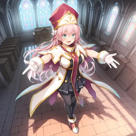 <lora:Terese_Elminaãã¬ãµã¨ã«ããã¢_-_Escude_-_Hime_to_Aiyoku_no_Sacrifice:0.8>,solo,terese,pink hair,long hair,braid,green eyes,hair between eyes,bangs,hair flower,large breasts,base outfit,white gloves,mitre,pantyhose,indoors,cathedral,dappled sunlight,moonlight,full moon,glass ceiling,stained glass,shrine,sparkling aura,standing,full body,from above,outstretched arms,smile,open mouth,sparkling eyes,, masterpiece,best quality,amazing quality, very aesthetic, absurdres,detailed eyes,ultra-detailed,