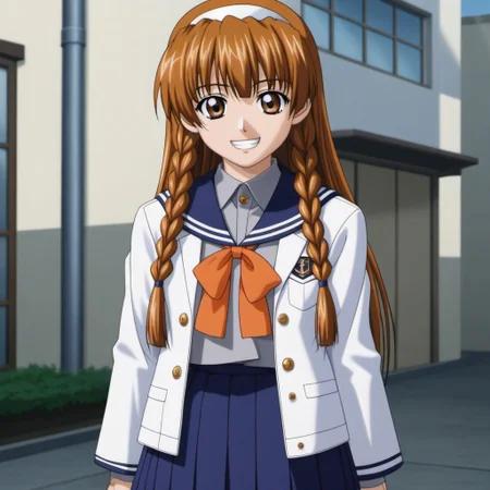 1girl,solo,masterpiece,best quality,good quality,newest,
outdoors, looking at viewer,
solo,
2000s (style),anime screencap,
karyuin_tomoe (kaen seibo: the virgin on megiddo),1girl,brown hair,hairband,braids sidelocks,long hair,brown eyes,very long hair,
long hair,brown eyes,
blue sailor color,gray shirt,collared_shirt,orange bowtie,white jacket,long_sleeves,
blue skirt,pleated_skirt,
standing, teeth, smile,