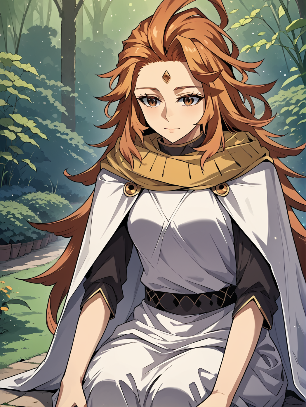 <lora:nix-000002:1>
reddish orange hair, long hair, loose hair, brown eyes, 1 girl, solo, white cape, white dress, white pants, yellow scarf, white tunic, black shirt <lora:!action-sdxl-V0.5:1>
masterpiece, best quality, absurdres, perfect anatomy, 1girl, solo, wariza, sitting, hands on own knees, garden background  <lora:light:1>