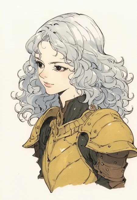 score_9, score_8_up, score_7_up, 1girl, solo, portrait,  wavy hair with bangs, silver hair, medium-length hair, asymmetrical bang, black eyes, shapely body, black and gold armor, ahiny armor, traditional media, yoji_shinkawa