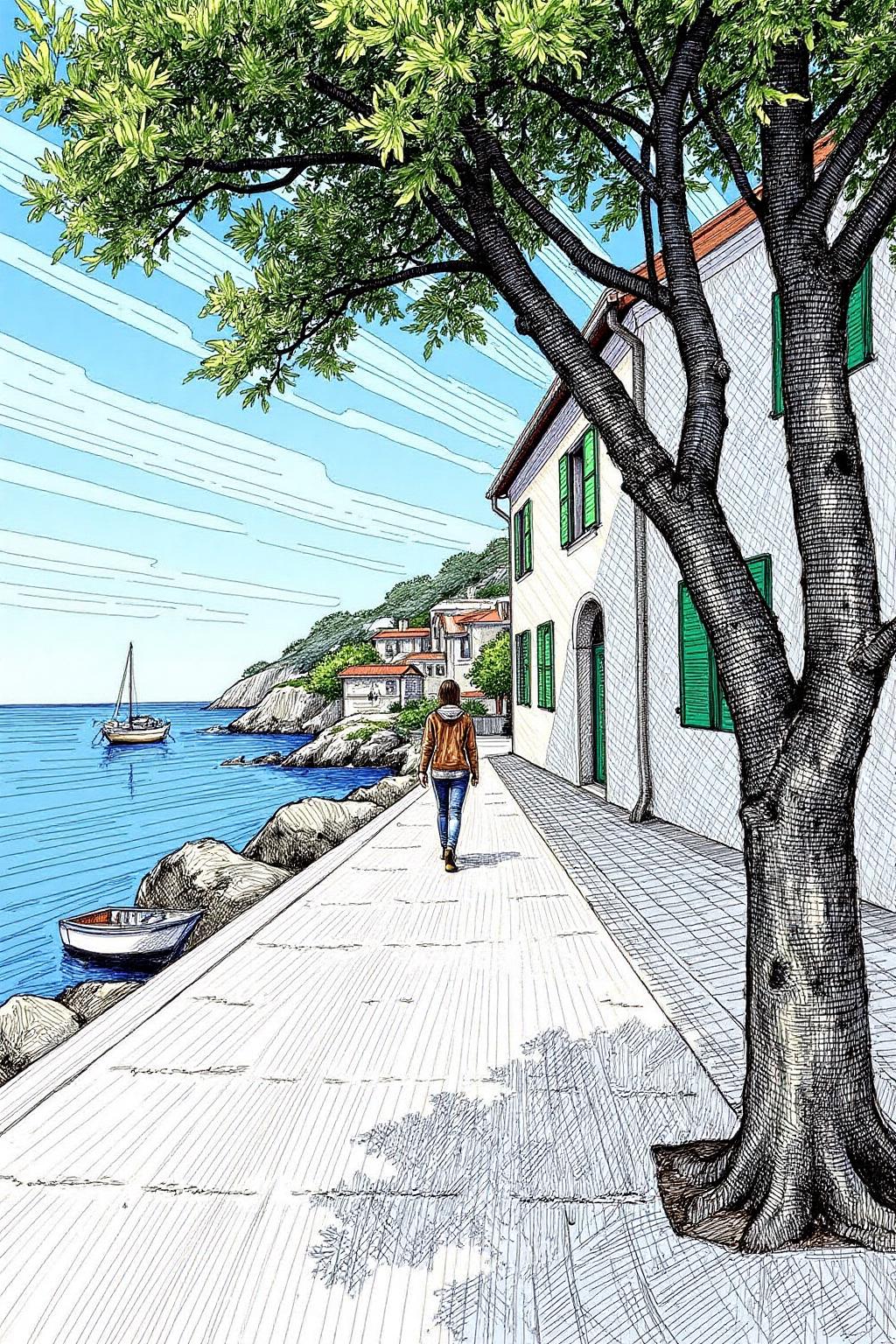 crosshatch black and white drawing.
a coastal scene is depicted in a close-up perspective. The scene is painted in shades of blue, green, and white, with a tree in the foreground. The tree casts a shadow on the right side of the frame, adding a touch of depth to the scene. To the right of the tree, a cobblestone path leads to a white building with green shutters. In front of the building, a person is walking on the path. In the left corner of the image, a body of water with a few boats floating on it. The sky is a light blue, with wispy white clouds streaming across it.
 <lora:crosshatch2_nocap_d6a3:1.0><lora:809158296817871157:0>